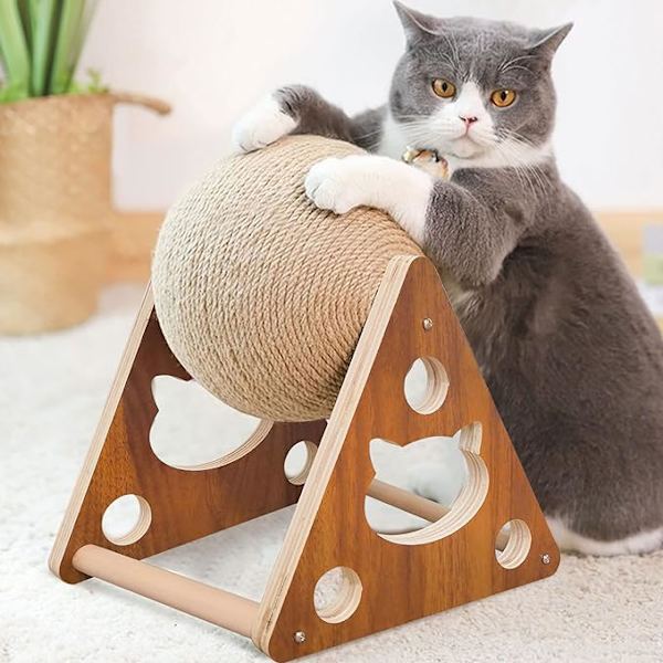 Katt leksaker Sisal Scratcher Ball, Naturlig Sisal Katt Scratching Ball, Katt Scratcher Leksak med Boll, Scratching Ball för Katter, Interaktiv 18*19*17CM