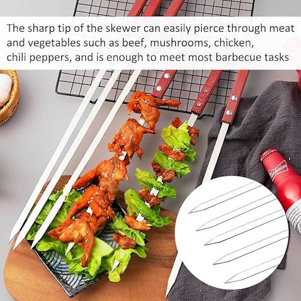 10 stk. grillspyd, rustfri stålspyd, flade metalspyd, genanvendeligt grilltilbehør, til grillfester (40 cm)