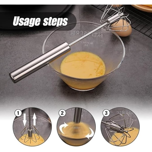 Handvisp, Halvautomatisk Visp i Rostfritt Stål, Roterande Halvautomatisk Äggvisp, Handmixer, Omrörningsverktyg för Kök, Hem Äggmjölk (25 cm)