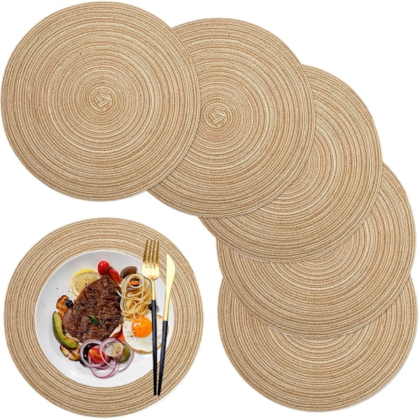 Pöytätabletit, pyöreät PP-punotut pöytätabletit, 6 kpl, pestävät, lämmönkestävät, liukumattomat, 36 cm, kahvinvärinen