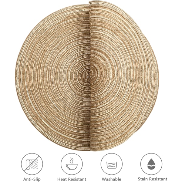 Pöytätabletit, pyöreät PP-punotut pöytätabletit, 6 kpl, pestävät, lämmönkestävät, liukumattomat, 36 cm, kahvinvärinen