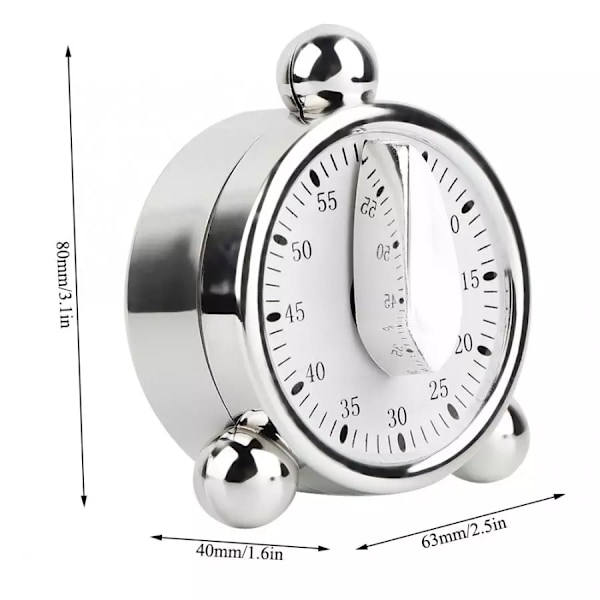 60 minutters køkkenur, mekanisk timer til madlavning, bagning, visuelle nedtællingspåmindelser, vækkeur, rustfrit stål timer til projekter