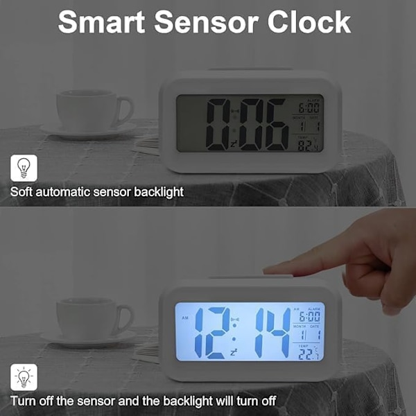 Digital väckarklocka, batteridriven väckarklocka, nattlampa, inomhustemperaturvisning, liten digital klocka med roligt fodral (Vit)