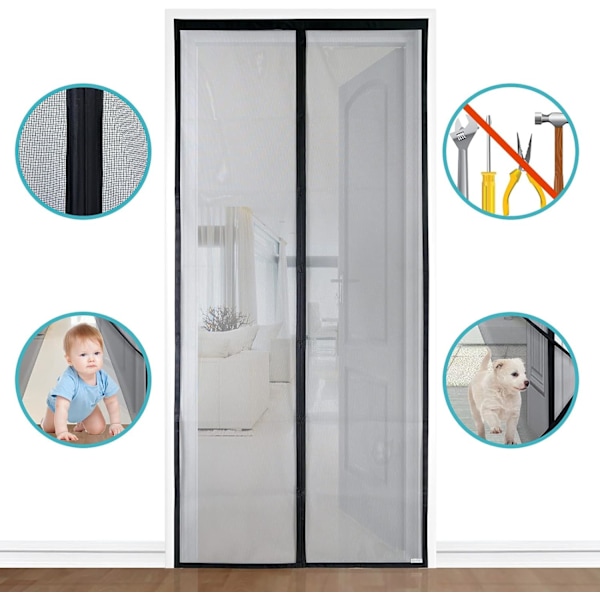 Magnetisk Skærmdør - Kraftigt Mesh, Magnetisk Forsegling fra Top til Bund, Automatisk Lukning, Hold Frisk Luft Inde (100 x 210, Sort)