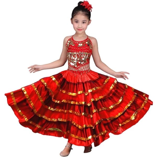 Spansk flamencokjol för flickor Gypsy Belly Dancer Performance Costume re