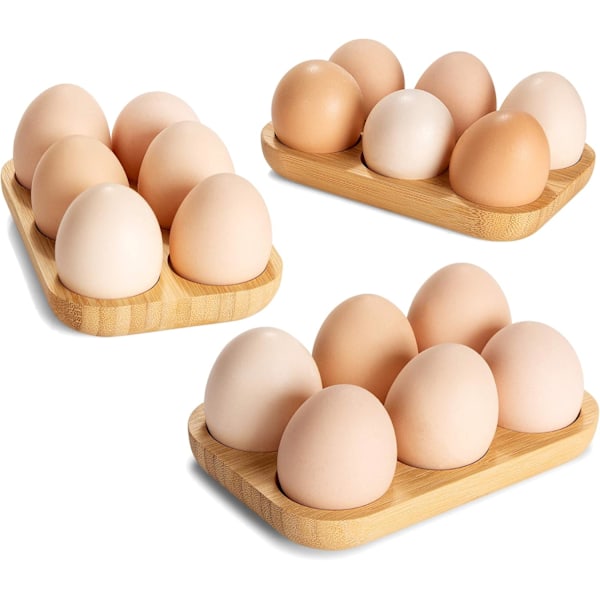 Sett med 3 Mini Eggbrett i Bambus for 18 Egg, 3 Små Egghyller, Premium Rustikk Egg Holder i Tre for Avvikende Egg, Kan Brukes i Kjøleskap
