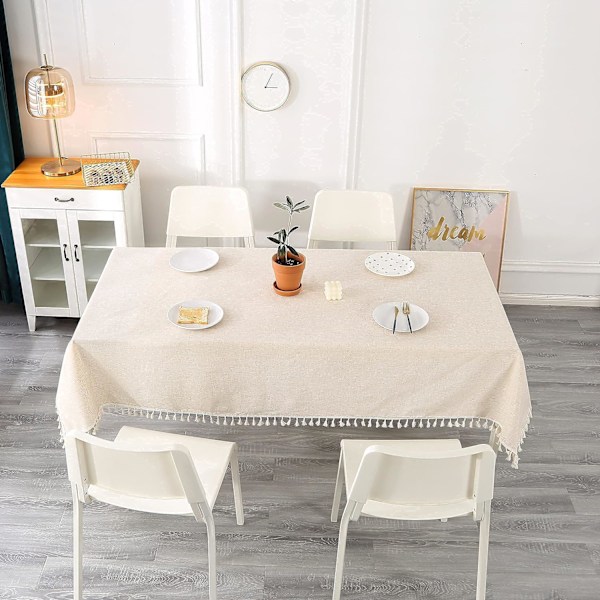 Beige rektangulær duk, flekkbestandig, vaskbar bomullsduk med dusker, bordlin for bursdag, bryllup, spisestue, 14