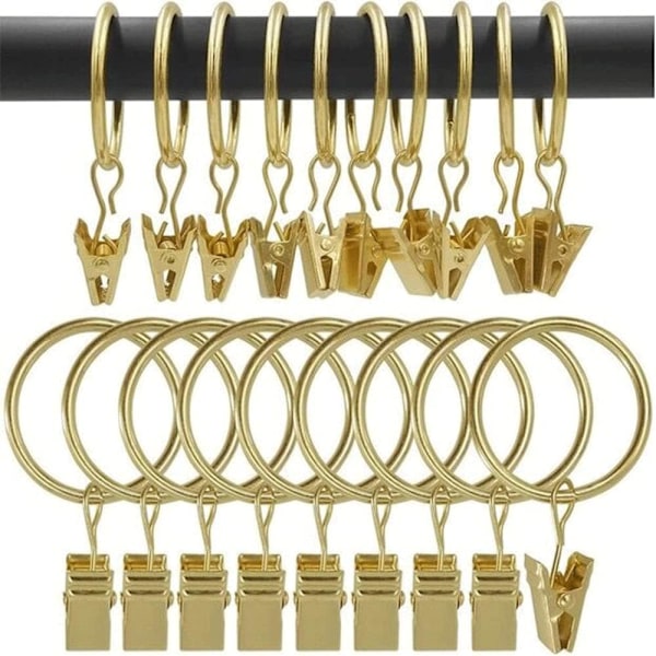 30 Stk. Gardinringe med Klemme, Rustfri Gardinringe i Rustfrit Stål, Metal Gardinkroge, Gardinstangsring til Bruse- og Vinduesgardiner (Gol