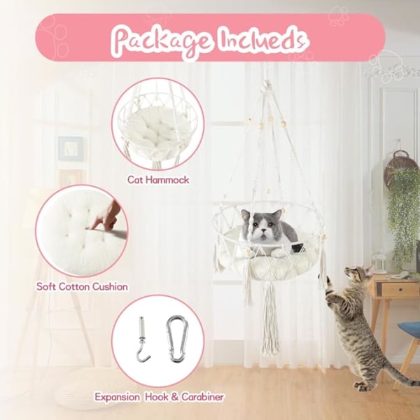 Hängande katt Hängmatta Cat Swing Bed med tvättad bomullsmatta, Boho Pet Cat