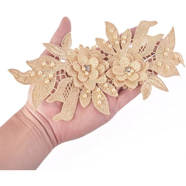 1 par 3D blonderapplikasjon, sy på blomsterperlelapper broderi blomstermotiv perler rhinestones blonder trim stoff perleapplikasjoner (Khaki)11,5*23,7cm