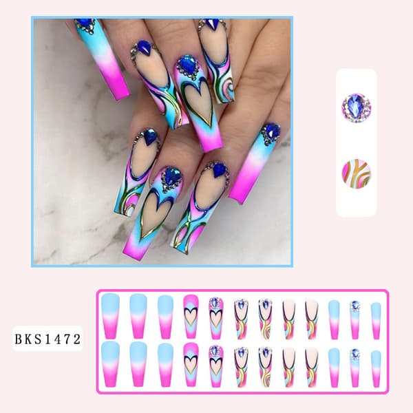 Pink Gradient Press On Negle Blå Rhinestone Designs