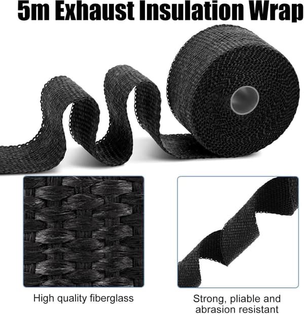 Udstødningstermisk tape, termisk isoleringstape, 25MM termisk isoleringstape 5M + 4 rustfri stål kabelbindere, termisk isolering, termisk isolering