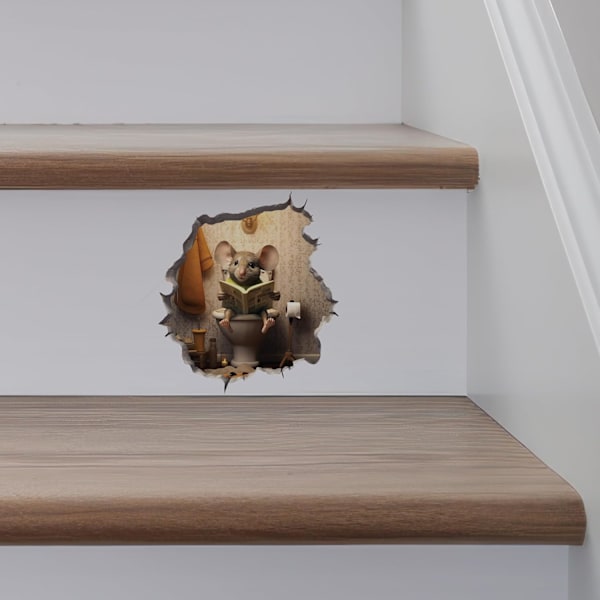 Mus som sitter på toalett i mushål Dekal - Mushålssticker med 3D-effekt - Rolig present - Potträning Presentidé