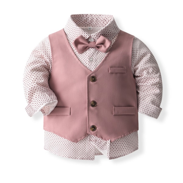 Baby Boy Klær Dresser, Småbarn Kjole Skjorte med Sløyfe + Suspender Bukser Outfit Sett Gentleman Bryllup Rosa 120cm