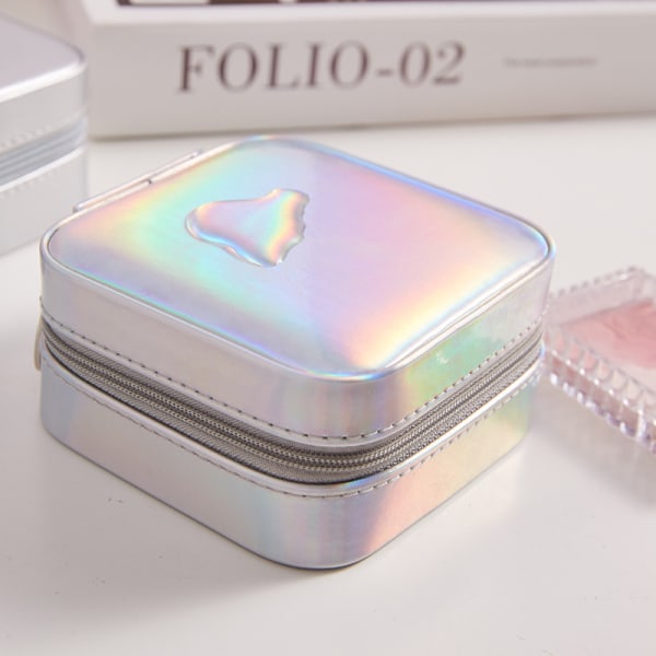 Pastell Holografisk Folie Resväsmyckeskrin PU Läder Liten Smyckeskrin Bärbar Ring Hänge Örhänge Halsband Förvaringshållare Lådor