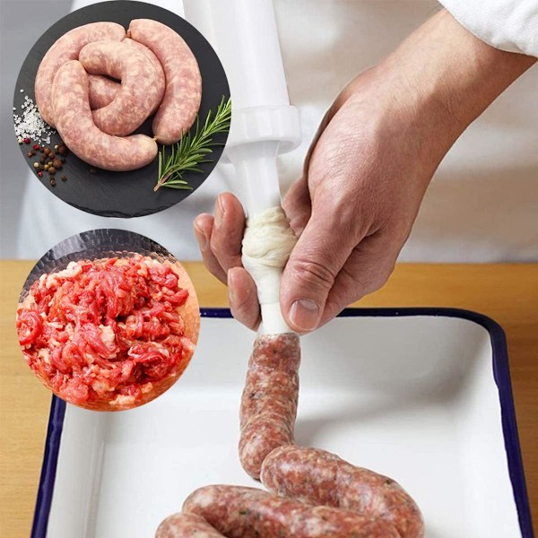 Pølsemaskin, Pølsestopper, Pølsehorn, Fyllerør, Pølsemaker, med 2 Kjøttkverntrakter, Lag Pølser