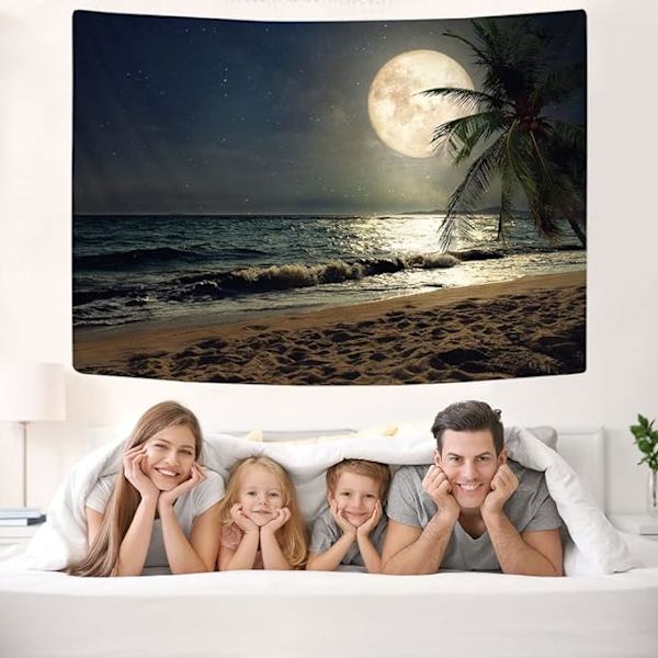 Strandtapet för sovrum Hawaii Kokosnöt Tropiskt träd Månljus Väggbonader Havsvatten Tapestries  (59,1\" H x 59,1\" B,Strand)Marinblå