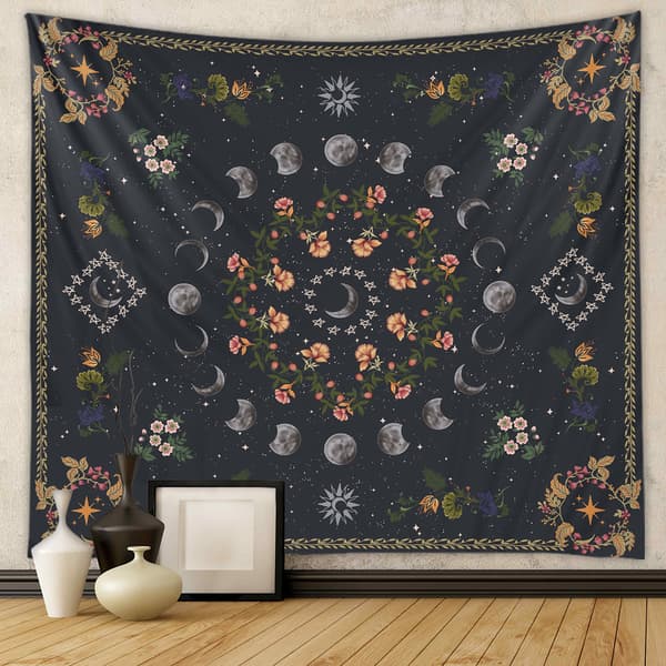 Månefase Plante Estetisk Teppe Månebelyst Plante Blomst Boho Mandala