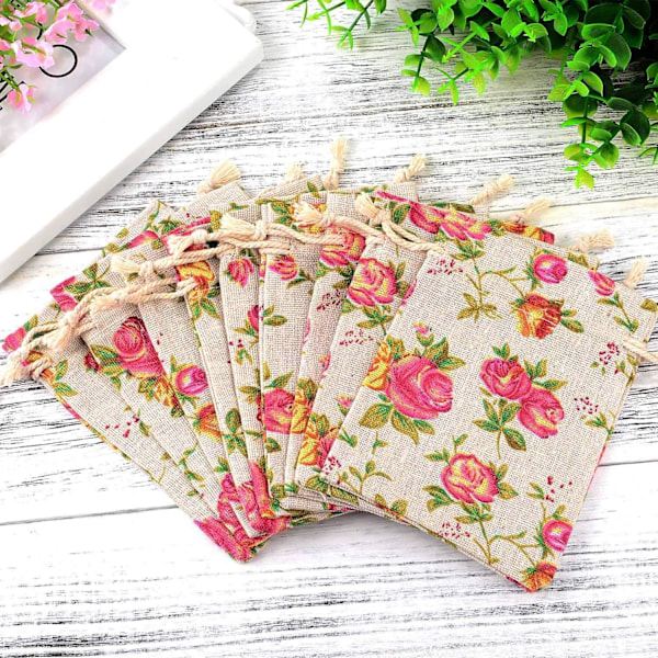 30 Stykker Små Roser Snørelukningsposer Blomsterpose Linned Gave Lomme Smykkepose til Bryllup DIY Håndværk Fest (3,9 x 5,5 Tommer)