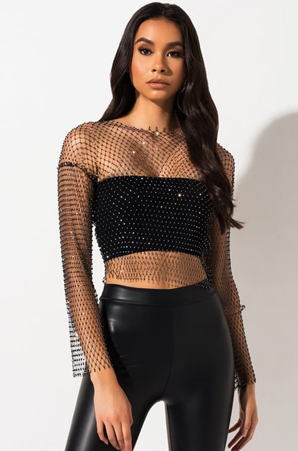 Kvinnor Mesh Body Chains Rhinestone Långärmad Crystal See Through Cove