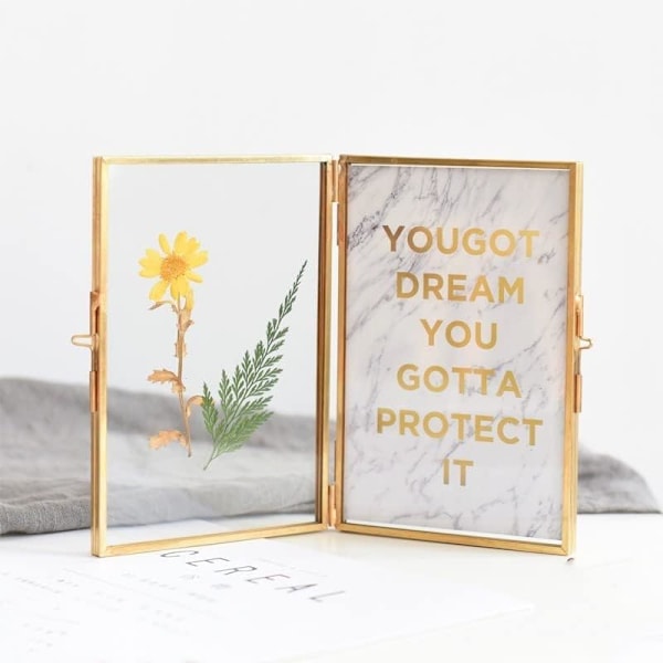 Guld Billedramme - 4 * 6 tommer Dobbelt Foldning Glasramme til Presset Blomst