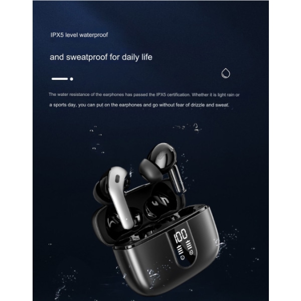 Berøringsskjerm med støyreduksjon i øret trådløse hodetelefoner, Bluetooth-ørepropper V5.3, IPX5 vanntett LED-skjerm, svart