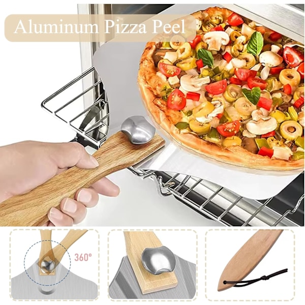 Pizzalasta 30 cm, Pizzalasta suurella alumiinituella, Vakaampi, Ammattimainen pizzalasta kokoontaitettavalla puutelineellä pizzojen ja leivän leivontaan