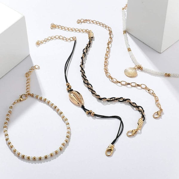 Bohemia Shell Charm Pendant Anklet Set 5Pcs Svart Läderkedja Flätad