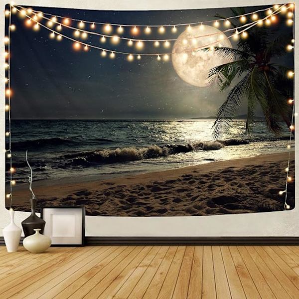 Strandtapet för sovrum Hawaii Kokosnöt Tropiskt träd Månljus Väggbonader Havsvatten Tapestries  (59,1\" H x 59,1\" B,Strand)Marinblå