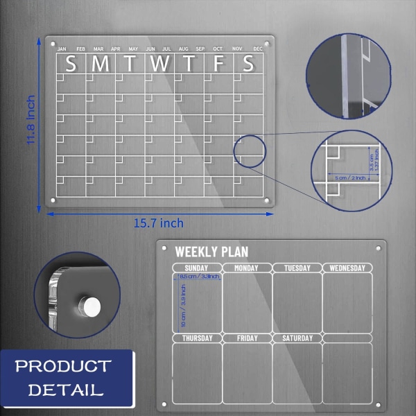 Akryylinen magneettinen kalenteri jääkaapille, 16\"x12\" 2 kpl sarja läpinäkyvä kuivapoisto
