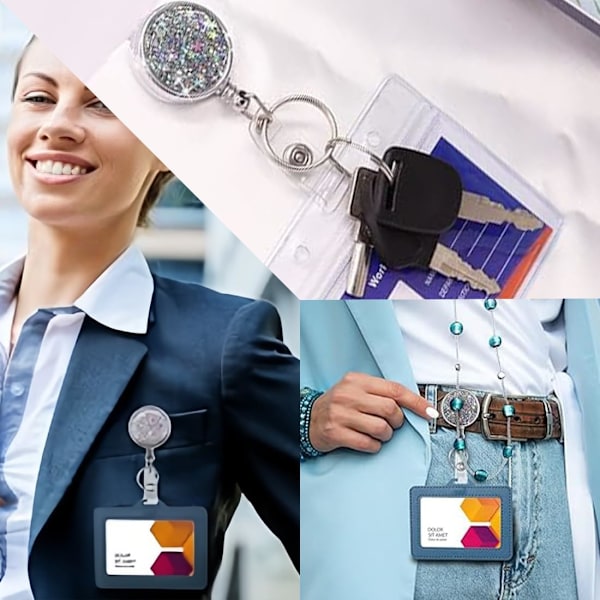 Badge Reel Hållare, 2 st Glitter Infällbar Nyckelring, ID-Korthållare med Nyckelring Bältesklämma för Sjuksköterska, Volontär, Lärare, Student, Kontorsarbetare