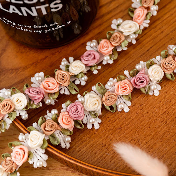 1 Yard Pärlor Ros Blomma Broderad Trim Spets Band 25MM Band DIY W