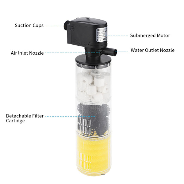 Akvariefilter med innebygd filtermateriale, tre-i-ett-filter 26*10C