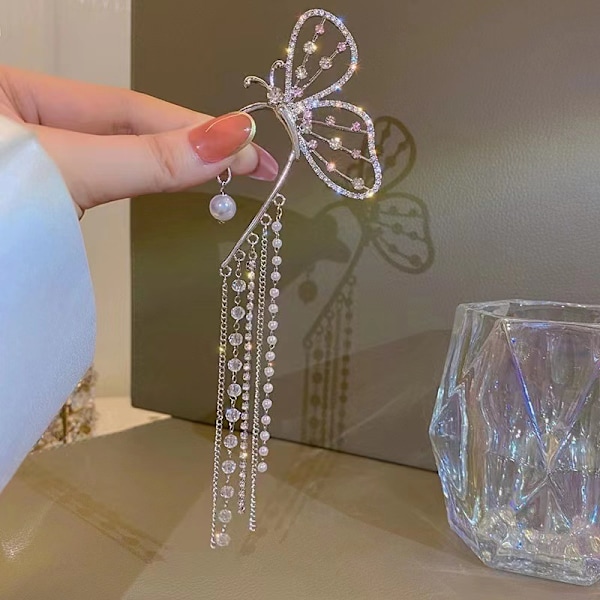 Fairy Sparkling Crystal Pearl Butterfly Ear Cuff Clip Earring Wrap Cra