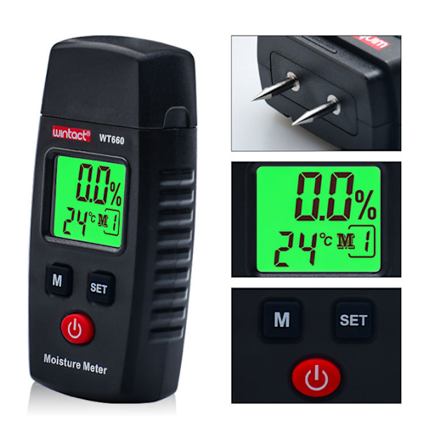 Fuktmätare, LCD-display Fuktdetektor med Grön Bakgrundsbelysning, Stift med 5 Lägen, Mögeldetektor för Trä och Byggmaterial (Batteri Ingår Ej)