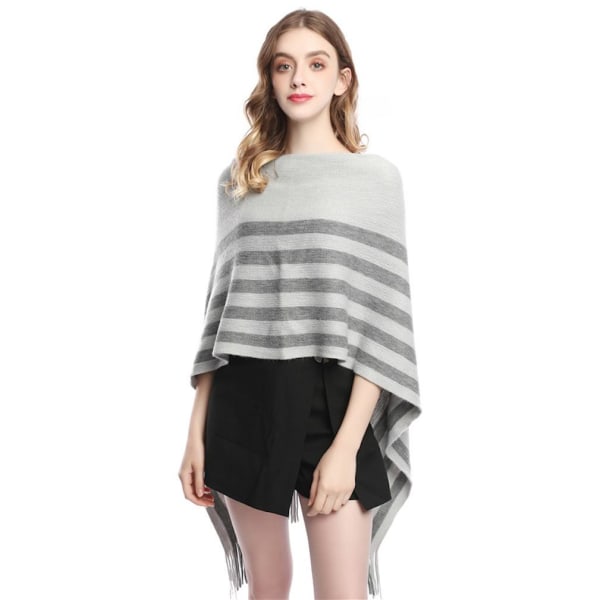 Grey Stripe Poncho Lös Batwing Blus Stickning Cape Crochet Sweater Coat med tofs för dam