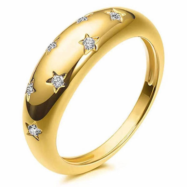 Star Carved Ring Zirkon Inlagd Mässing Finger Ring för Dam Golden