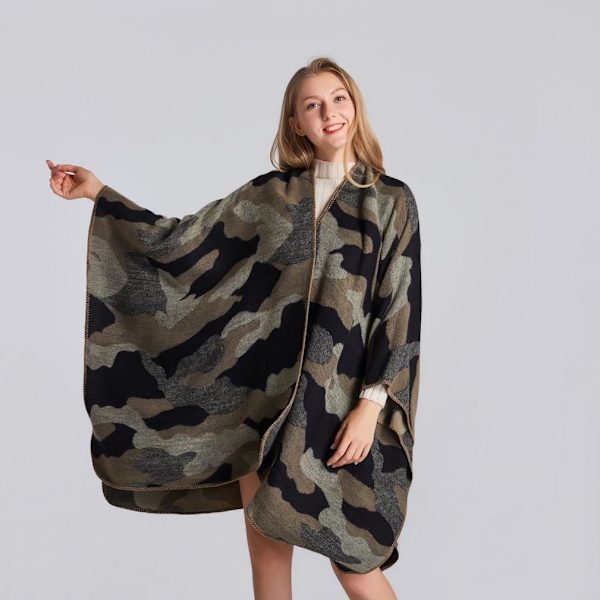 Kamouflage Pashmina Sjal Wrap Tjock Varm Poncho Öppen Front Cape for Lady