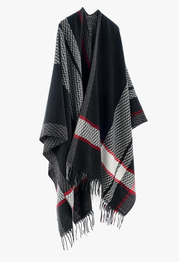 Poncho-cape med öppen front för dam, rutig sjal, oversized kofta med fransar