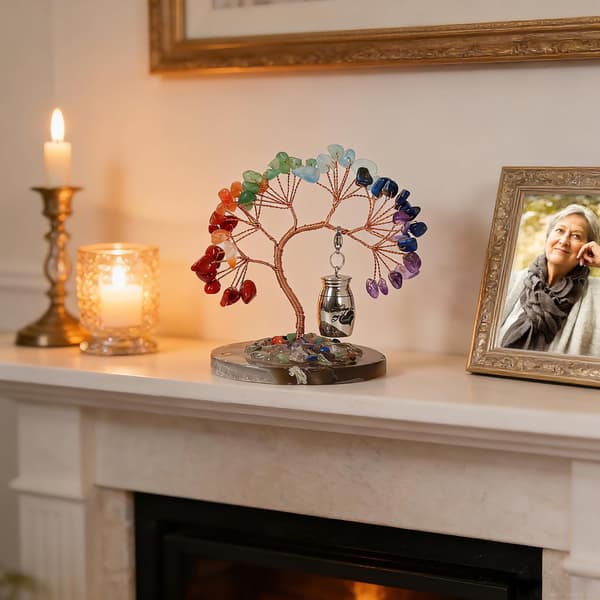 Liten urne for aske med minnedisplay av regnbuekrystalltre