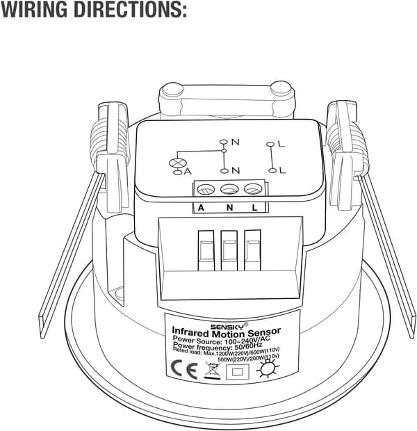 Inomhus PIR-rörelsesensor, 360° detektering, 6m räckvidd, 1200W, 100-240V AC