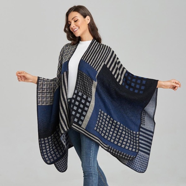 Dubbelsidig Pashmina Sjal Wrap Vinter Varm fyrkantig Poncho Open Front Cape med geometriskt mönster för dam