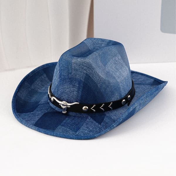 Blå cowboyhat med tyrhovedbånd Western Unisex Solhat
