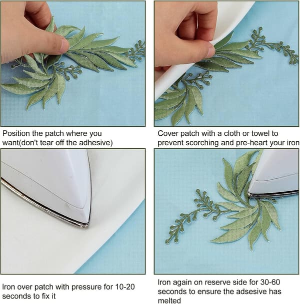 4 stk. broderede grønne blad-patches til påstrygning på tøj og tasker