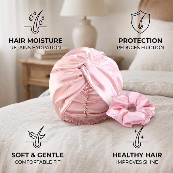 2-delad satin-hårmössa för sömn, dubbellagersmössa med scrunchie