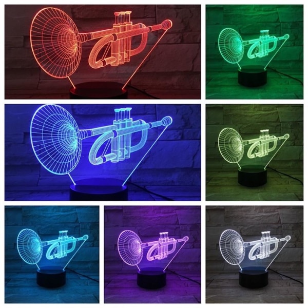 3D Liten Nattlampa Musikinstrument Kornett Led Färgglad Nattljus