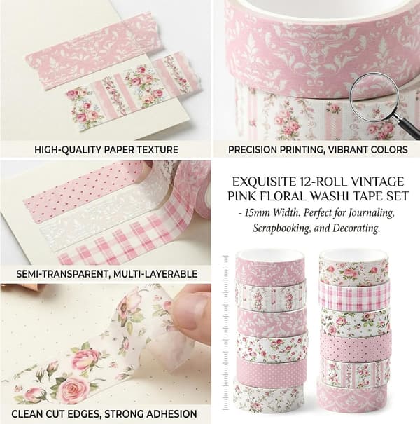 12-pack blommigt washitejp-set 15 mm rosa dekorativ tejp för pyssel