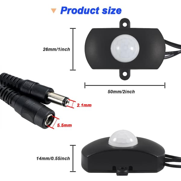 2-pack DC 12V-30V 3A PIR-rörelsesensorbrytare för LED-vägglampor, svart