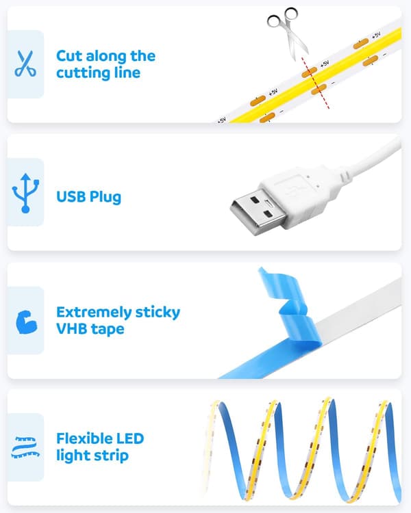 1M COB LED-stripe 5V USB 6000K kaldhvit 320 LED-er fleksibel og dimbar