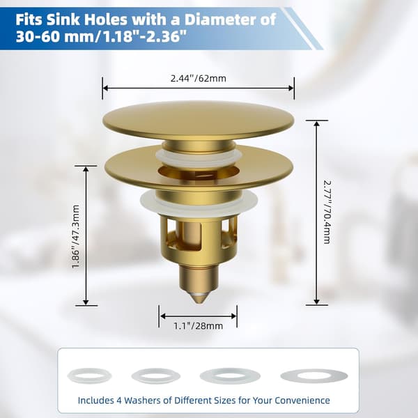 Pop-up tvättställspropp med avloppssil, mässingskärna, tryckmodell